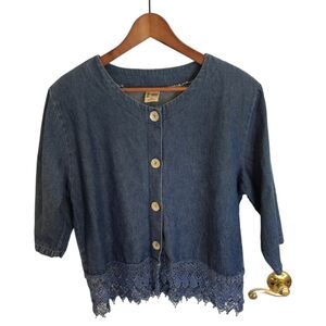 Cactus California  Women's Blue  Denim Lace  Top Scoop Neckline 3/4 Sleeve SZ M